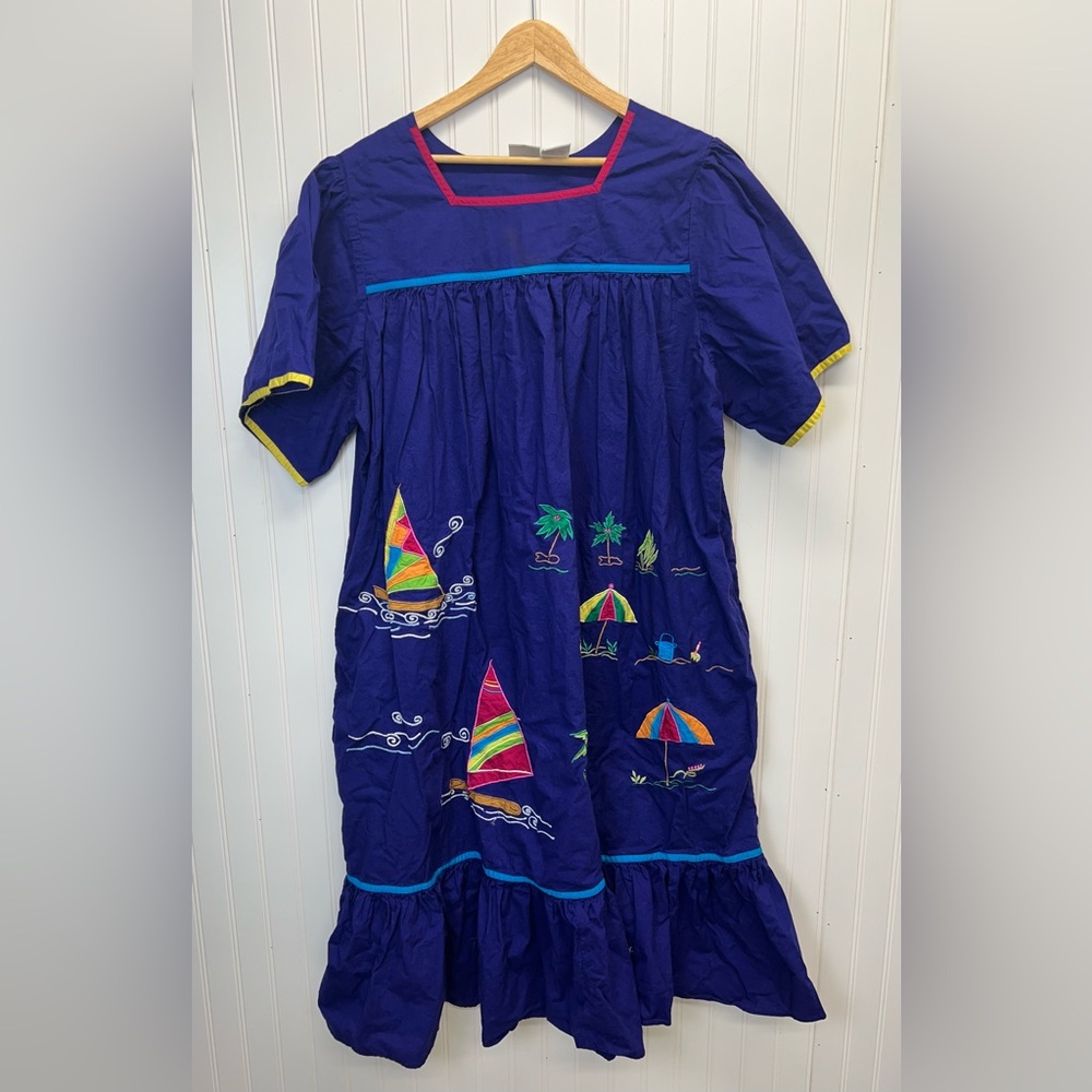 Vintage Blair Mumu Summer Beach Embroidered Flutter Sleeve Dress Sz 2XL